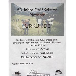 Kirchenmusik Pfronten – Amore im Achtal Urkunde